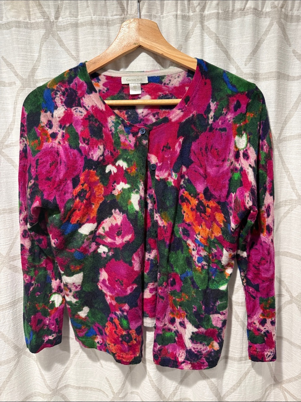 Garnet Hill Multi-Color Floral 100% merino wool Cardigan